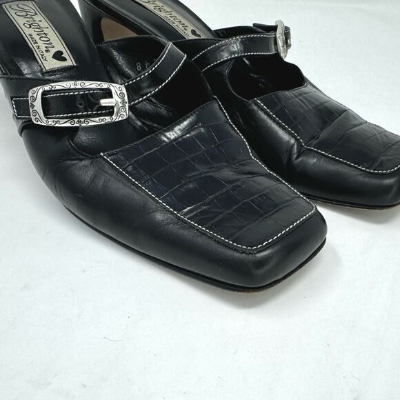 Brighton Tanner Black Leather Croc Embossed Buckle Mule Heels Size 8M Square Toe - Picture 4 of 10